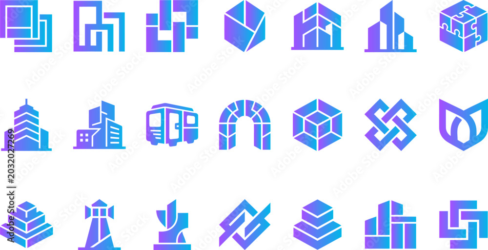 Fototapeta premium Modern architectural building icons set featuring skyscrapers commercial centers and abstract geometric structures.