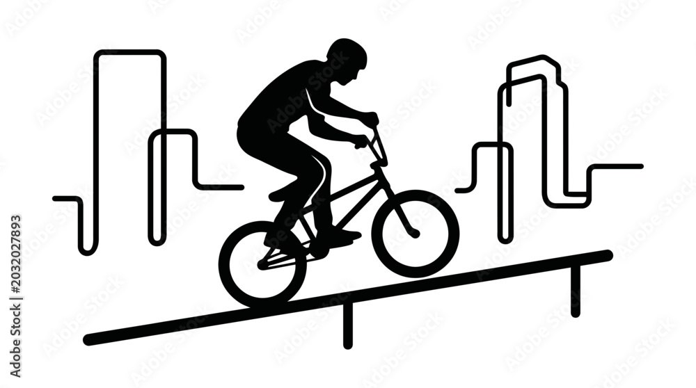 Fototapeta premium BMX rider silhouette performing trick on urban skyline background, extreme sports