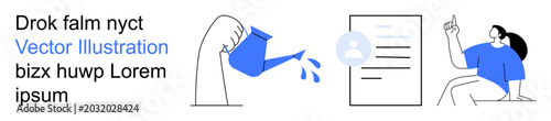 Education, growth, communication, professional development, connection, knowledge sharing. A hand watering a document and a person pointing. Education and growth concept