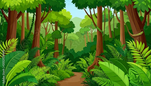 Lush Jungle Scene with Dense Vegetation and Towering Trees.