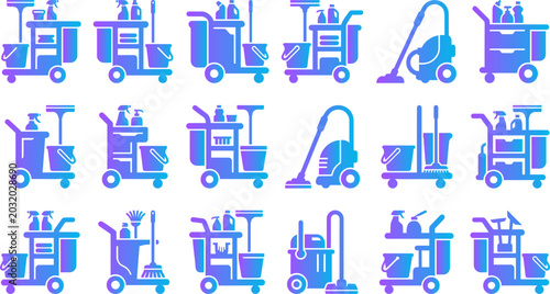 Tableau sur toile Cleaning trolley and equipment icons for janitorial services and housekeeping