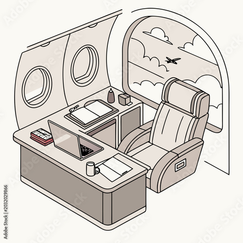 Fotografie Private jet executive office workspace with laptop and view of clouds airplane w