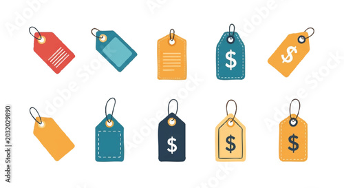 Colorful hanging retail sale labels with dollar symbol pattern