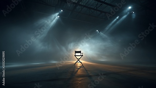 Directors chair on empty stage with spotlight and smoke, creating a dramatic and cinematic atmosphere