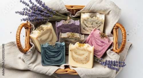 A set of handcrafted organic soap bars nestled in a rustic wicker basket surrounded by dried lavender flowers and natural linen textures, skincare, basket, organic