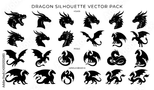 Fotografie Fantasy dragon head and body silhouette variation set mythical creature vector i