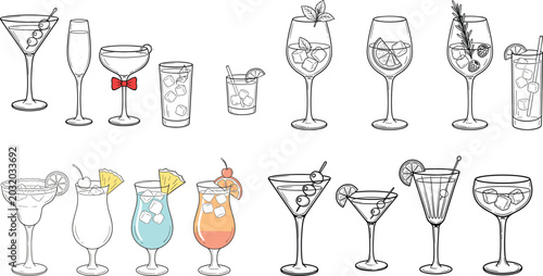 Hand drawn cocktail vector illustration set featuring martini champagne margarita pina colada and highball glasses for restaurant menu design