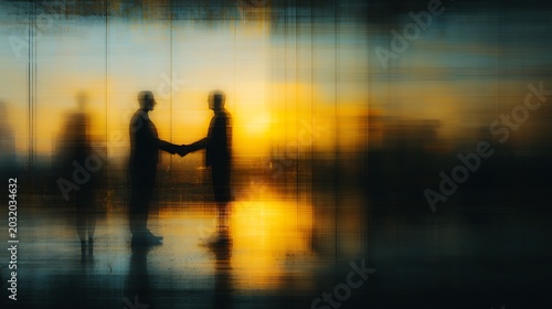 Business agreement concept showing blurred silhouette of business people shaking hands near large window in office building showing blurry cityscape. High quality
