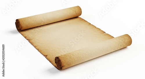 A weathered ancient paper scroll with curled edges and a textured surface, unrolled slightly and isolated on a clean white background, retro, surface, organic