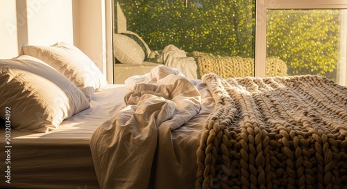 An unmade bed glows in warm morning light with soft white pillows and a knit blanket beside a large window viewing lush green trees outside, house, knit, white