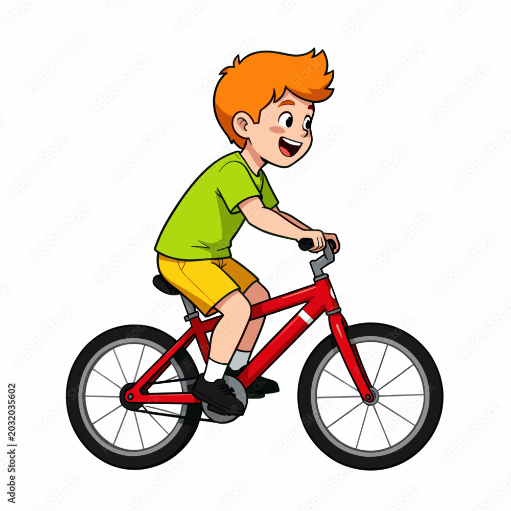 Naklejka premium Cheerful Boy Riding Red Bicycle on White Background