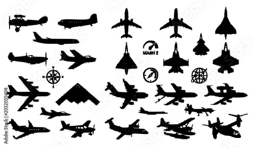 Obraz na płótnie Military and commercial airplane silhouettes vector icons set featuring jet figh