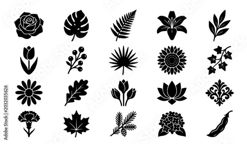 Decorative floral and botanical leaves black silhouette vector icons set featuring rose monstera fern lily sunflower and maple elements for minimalist graphic design layouts