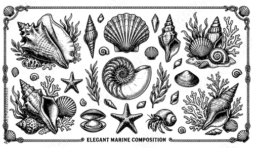 Canvastavla Elegant marine life collection with monochrome illustrations of seashells hermit crab and underwater sea plants for rustic nautical coastal design projects