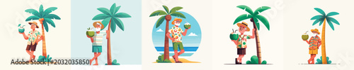 vector of a grandpa leaning against a tree drinking coconut on the beach