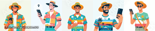 half body vector of a man playing on a cell phone on the beach