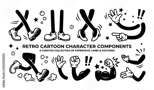 Retro cartoon character creator toolkit vector illustration with vintage rubber hose limbs gloved hands pointing gesturing running legs and boots on white.