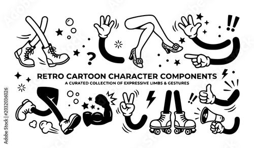 Retro cartoon character components vector set featuring vintage rubber hose style arms legs hands and feet with expressive gestures isolated on white. (23 words)