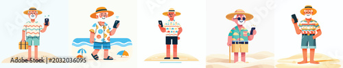 vector of a grandpa standing holding on a cell phone on the beach