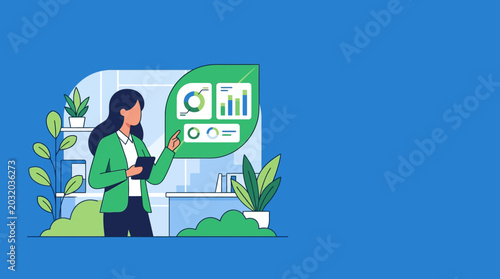 Businesswoman Analyzing ESG Sustainability Data and Green Energy Metrics on Leaf Shaped Display in Office, Flat Vector Illustration with Copy Space