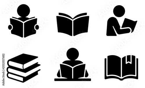 A set of black and white icons depicting people reading books and stacks of books on transparent background