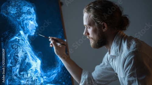 Artist Creating a Holographic Representation of a Human Figure with Advanced Technology and Imagination