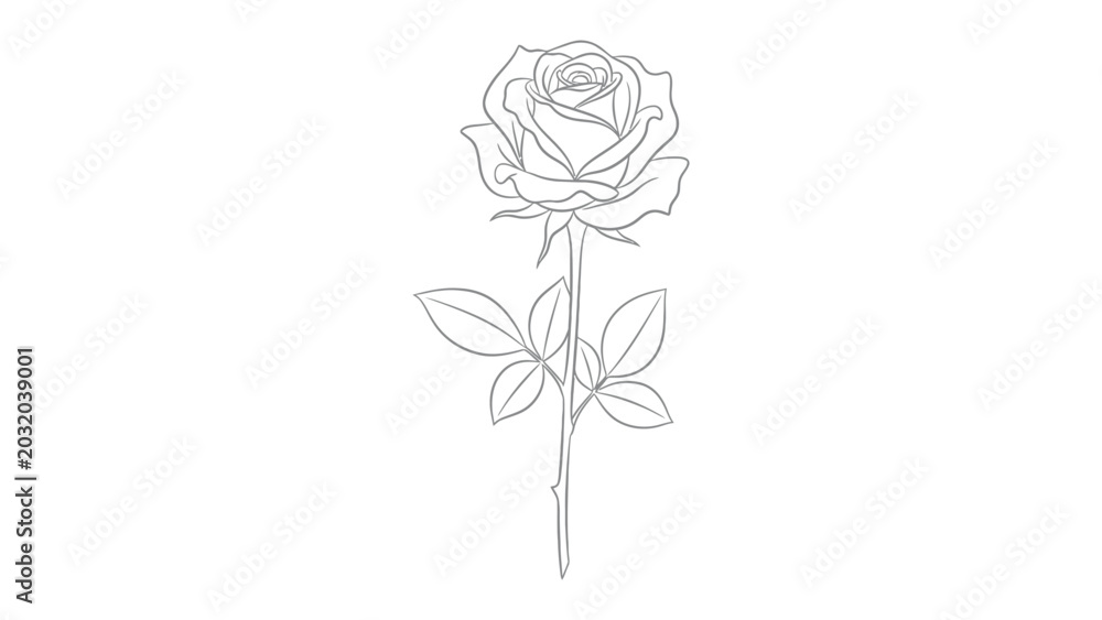 Fototapeta premium Line drawing of a single rose with stem and leaves, line art
