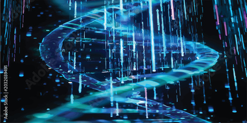 Foto Close up of blue DNA helix with falling digital particles double helix abstract