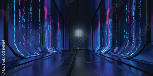 Quadro su tela Abstract futuristic corridor with vertical blue and pink neon lights science fic