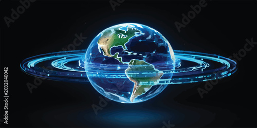 Tableau sur toile Digital earth with glowing blue orbital rings and data streams against black bac