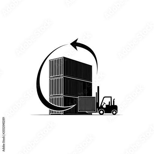 Shipping containers and forklift loading logo. Logistics illustration.