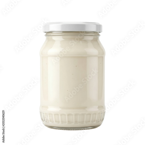Fotografía Blank clear glass jar filled with white cream mayonnaise