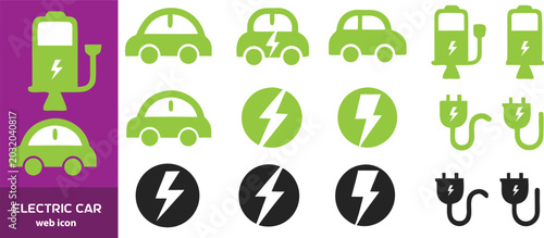 Electric car charging icon set. EV station, plug, socket, hybrid car, green electric car with plug symbol on white background - stock vector.