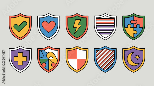Fotografía Ten colorful shield illustrations with various emblems and patterns on a gray ba