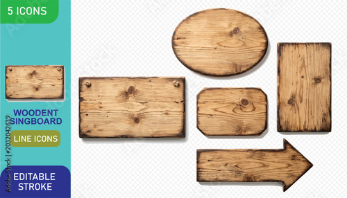 Bild auf Leinwand Comprehensive collection of wooden signboards and banners in various styles, including hanging signs, directional signs, and decorative elements, for versatile design applications