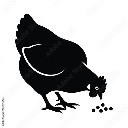 Bild auf Leinwand Hen chicken pecking and eating grains on the ground silhouette vector