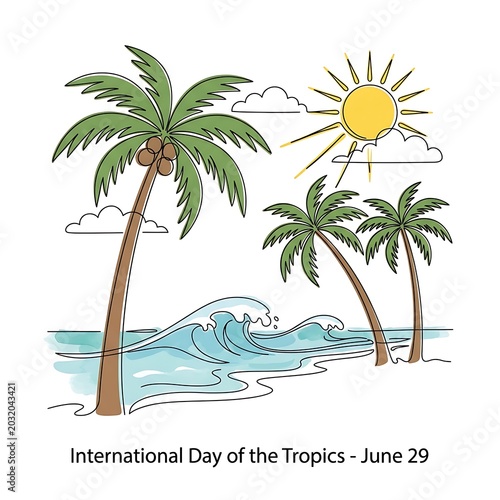 Continuous line art banner for International Day of the Tropics featuring palm trees, ocean waves, and a bright sun.