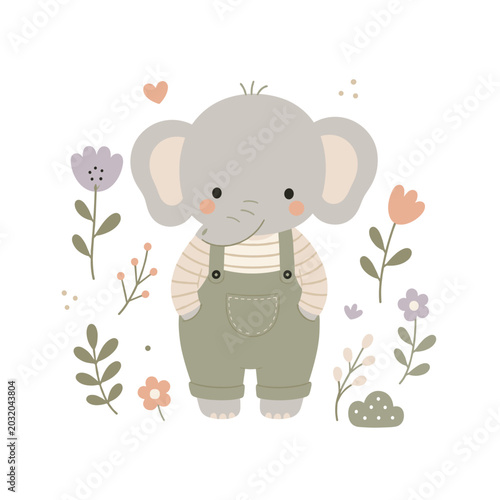 A small elephant stands among flowers and plants in a simple design. The elephant wears overalls and has a friendly expression. This scene is suitable for children's themes