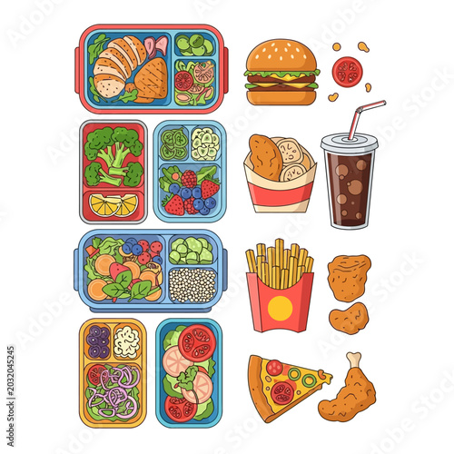 Assortment of illustrated healthy meals and fast food elements design