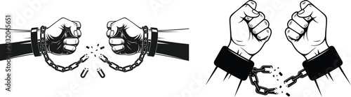 Tableau sur toile Breaking free dynamic illustration of hands shattering shackles and chains symbo
