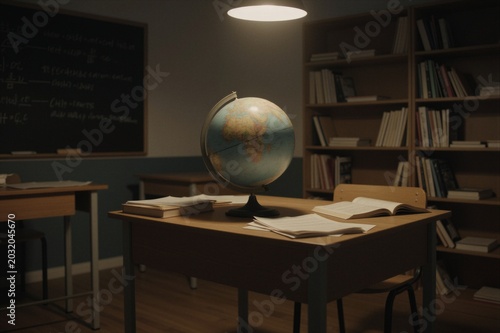 A terrestrial globe sits prominently on a worn wooden school desk in a dimly lit classroom, its black stand and glossy surface reflecting the faint glow of a nearby lamp.
