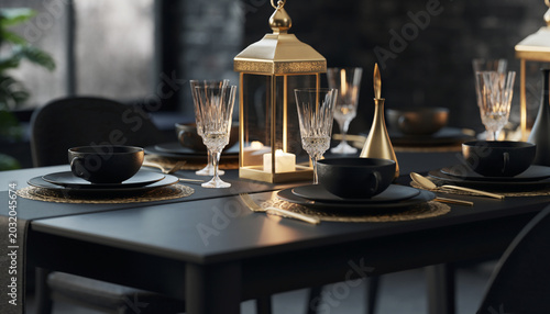 Formal dinner setup on a modern table with elegant decorations and glassware