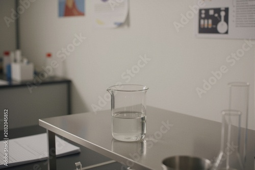 A clear glass beaker filled with transparent liquid sits on a stainless steel laboratory bench amidst posters and lab equipment in a clinical setting.