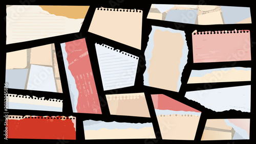 Scattered arrangement of torn paper pieces with lined and blank surfaces on a transparent background ripped scraps fragments fragmented edges texture