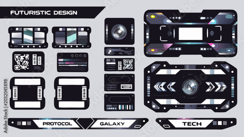 Futuristic design elements a collection of vector panels and labels with a dark and metallic aesthetic illustration sci fi technology interface geometric