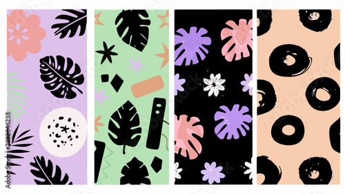 Floral ornament patterns with black silhouettes on pastel colored backgrounds a repeating design botanical foliage leaves leafy tropical monstera palm plant