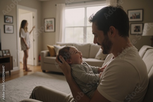 A loving father tenderly holds his baby on their plush beige sofa in the warm glow of their modern living room, surrounded by the softness of light gray carpeting and wooden