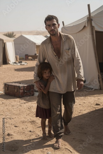 A father and child stand together under the vast desert sky, surrounded by a cluster of white canvas tents and a worn leather suitcase, their bare feet sinking into the sandy