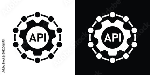 Fotografie API integration icon featuring a central gear surrounded by a connected network circle, in solid black and white variations