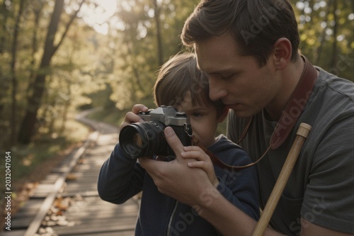 A father and child capture the beauty of autumn together on a forest boardwalk, their bond strengthened by shared moments behind the lens.